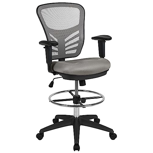 Flash Furniture Mid-Back Mesh Drafting Chair, with Arms, Light Gray