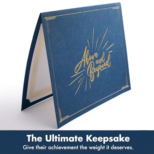 PaperDirect Above and Beyond Certificate Jackets, 9 Inches x 12 Inches Folded, Blue with Gold Foil, Certificate Cover for School, Work, Diplomas, Graduation & Awards, Certificate Holder, 50 Count