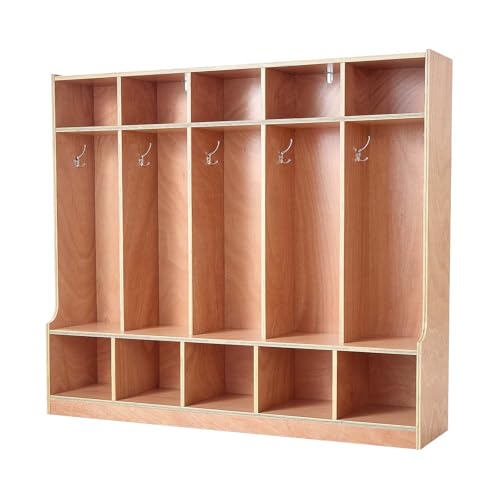 VEVOR 5-Section Coat Locker with Bench, Kids Lockers with 10 Hooks & Non-Slip Mat, Classroom Cubbies for Daycare, Home, Kindergarten- Natural