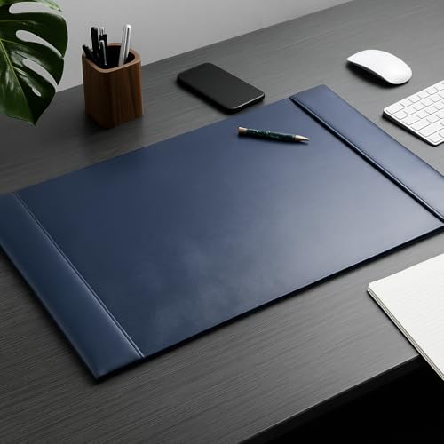 Dacasso Bonded Pad with Side Rails Luxury Leather Desk Blotter for Writing, 30 x 18 (Navy Blue)