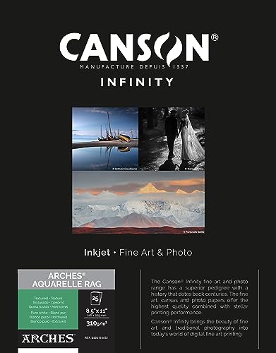 Canson Infinity Arches Aquarelle Rag Textured Pure White Matte Inkjet Paper, 310gsm, 8.5x11", 25 Sheets