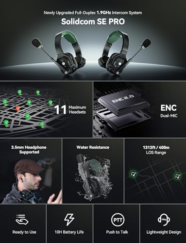Hollyland Solidcom SE PRO 2-Users ENC Noise Cancellation Wireless Intercom Headset System 1312ft Team Communication with 3.5mm Single Ear Headset for Movie Shoot Live Show (1.9GHz Version)