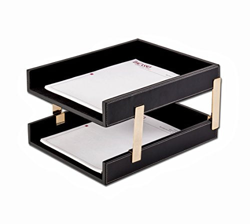 DACASSO Leather Desktop Double Letter Tray - Luxury Letter Holder & Paper Organizer for Desk - Office Organization & Executive Desk Decor - (Rustic Black)