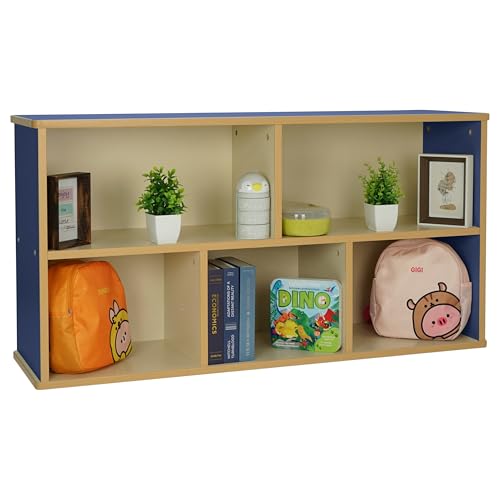 FDP Laminate 5-Compartment Storage Cabinet 24 inch Height Organize Books, Toys, Games, Art Supplies, Durable, Sturdy Furniture for Home, Daycare, Preschool, Classroom - Almond/Blue, 13886-ALBL