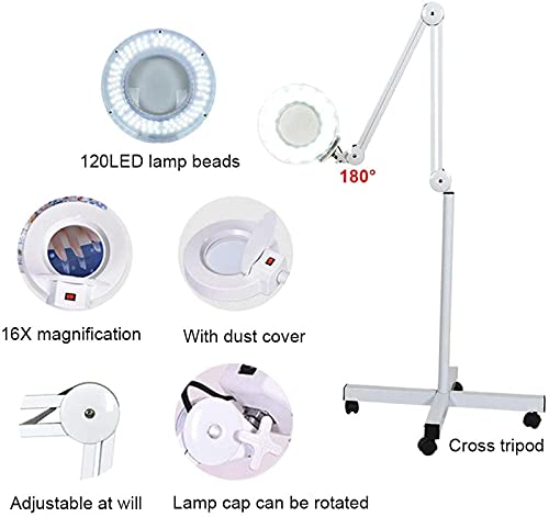 DFEDHF Magnifying Floor Lamp, Glass Adjustable Stable Rolling Floor Standing Magnifier Light, 16X Magnifier Rolling Wheels Cold Light for Salon Facial and Home