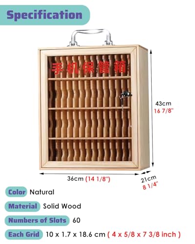 USZWBY Cell Phone Locker Natural Wooden Mobile Phone Jail Cubbies w/Charger, Large Capacity Cell Phone Storage Cubbies, Classroom Test Secure Lock Box for Phones（One Color-60 Slots）