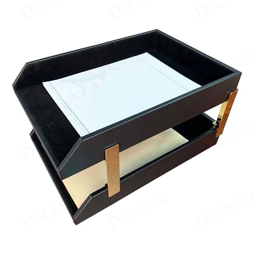 DACASSO Classic Black Leather Double Legal Letter Tray Stacking Set w/Gold Posts - Luxury Executive Decor and Office Essential - Desk Surface Protector