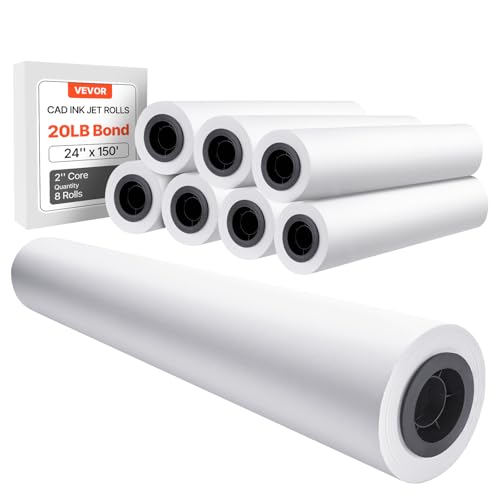 VEVOR Wide Format Paper, 24 in x 150 ft Plotter Roll, 8 Rolls CAD Bond Rolls with 2 in Core, 20 LB Bond Paper Rolls, Ideal for CAD Drawings, Engineering Plans, GIS Maps, and Architectural Designs