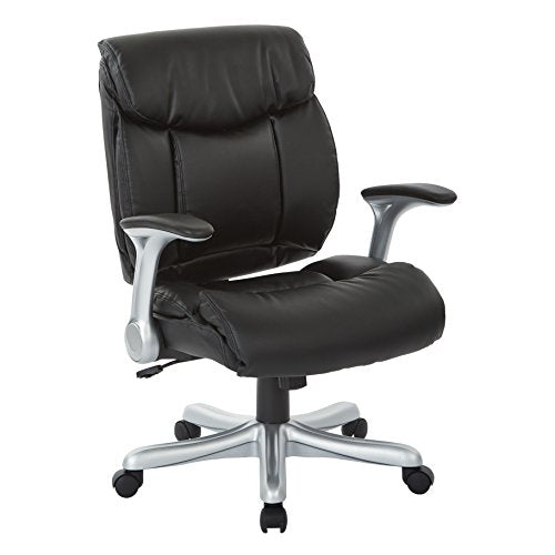 Office Star ECH Series Executive Bonded Leather Adjustable Office Chair with Padded Flip Arms, Black with Silver Coated Base