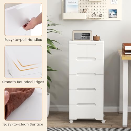LDAILY Rolling Storage Cart with Drawers, 6 Drawers Storage Cart on Wheels Set of 2, Drawer Cart with 2 Lockable Wheels & Smooth Drawers, Plastic Rolling Cart White (16’’L x 13"W x 38’’H, 6 Drawer)