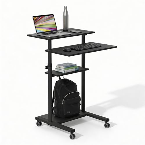Mount-It! Black Rolling Standing Desk, Adjustable Height up to 54.7", Portable Laptop Podium Desk on Wheels, Mobile Computer Workstation with 4 Shelves 27.5" Wide, Cart for Home Office or Classroom