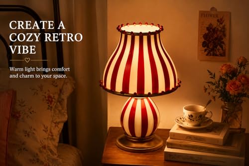 ONEBAO Vintage Circus Table Lamp, Retro Red White Striped Glass Bedside Lamp, Mid Century Modern Decorative Desk Light, Artistic Ambient Lighting for Bedroom Living Room Coffee Bar Home Decor