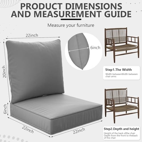 22" x 22" x 6" Outdoor Deep Seat Cushions Set - 6 Set Waterproof & Fade Resistant Patio Furniture Replacement Cushions, Non-Slip Outdoor Cushions Fit Loveseats, Couches, Chairs, and Sofas.