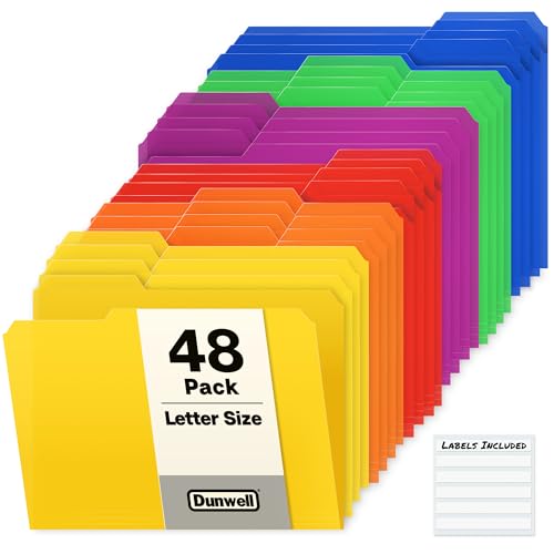 Dunwell Plastic Colored File Folders (48 Pack), 1/3 Tab Filing Folders for 8.5x11 Letter Size Documents, Assorted Colors, Acid-Free Poly, Includes Labels
