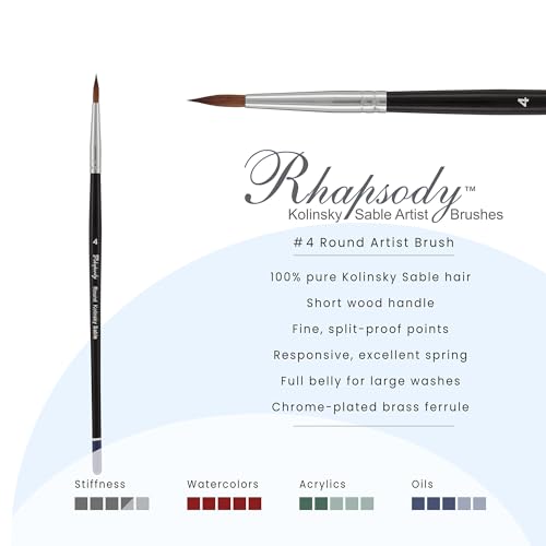 Creative Mark Rhapsody Kolinsky Sable Brushes for Professional Watercolorists - Round # 4 Excellent Spring, Full Belly, Split-Proof Points, Chrome Ferrules, Short Handle, English Sizing