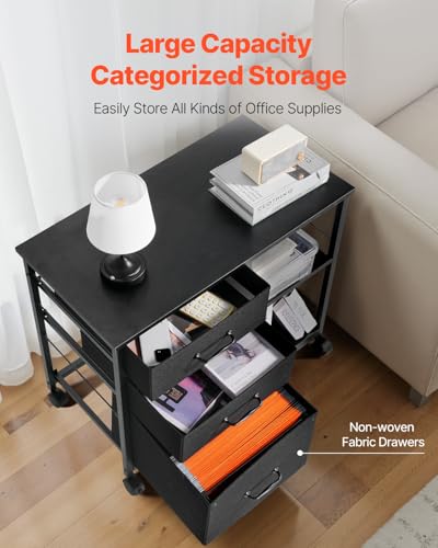 VEVOR Metal File Cabinet, Mobile Filing Cabinet with 3 Fabric Drawers and 2 Open Shelves, Wooden Vertical Filing Storage Cabinets with Wheels for Letter, A4, Legal Size File, Easy Assembly, Black