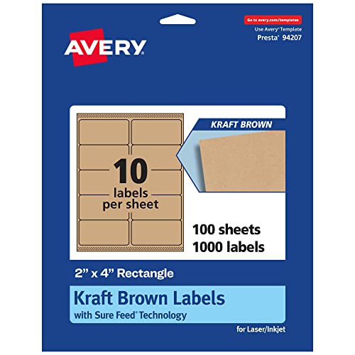 Avery® Kraft Brown Rectangle Labels, Sure Feed® Technology, 2" x 4", 1,000 Kraft Brown Labels, Laser/Inkjet Printable