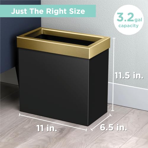 Gatco Small Bathroom Trash Can With Lid, Rectangle 3 Gallon Stainless Steel Wastebasket, Under Sink, Matte Black And Brushed Brass, For Bathroom, Bedroom, Office (1938)
