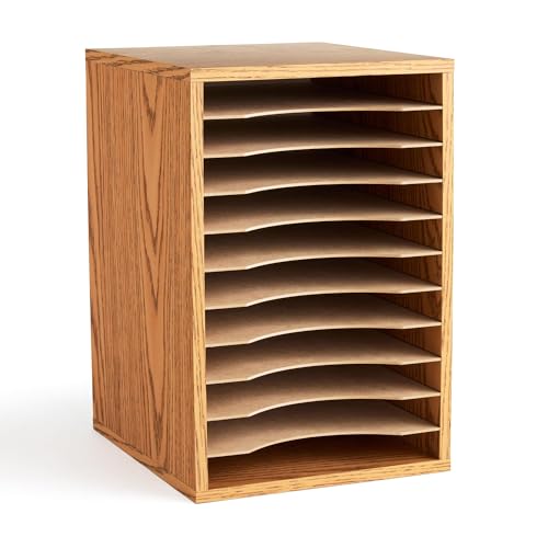 Scranton & Co Vertical Desk Top Sorter, Medium Oak Laminate Finish, 11 Compartments, Removable Hardboard Shelves, 10 3/4"w x 12"d x 16"h, Particleboard Construction for Letter-Size Paper Organization