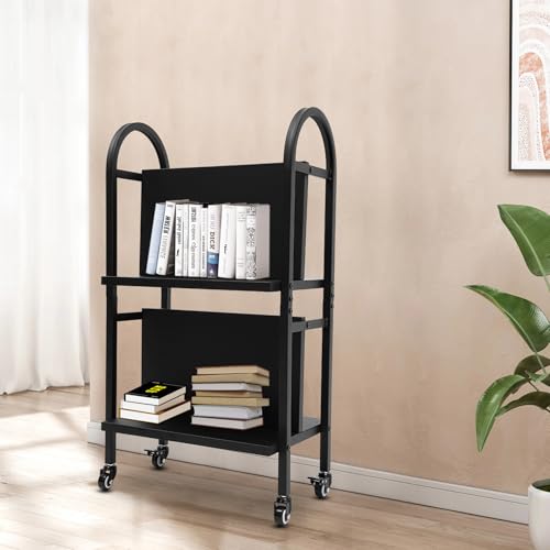 Florchest 2-Tiers Rolling Library Book Cart,34”Tall and 100LBS Capacity Sturdy and Versatile Office Book Cart with 4 Lockable Wheels for Homes Libraries Reading Rooms