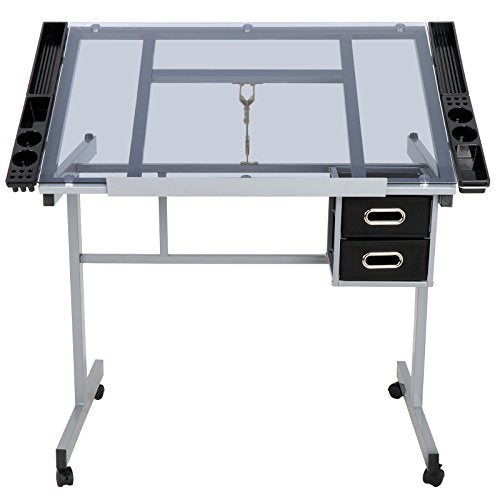 Nouva Adjustable Drafting Table, Drawing Table on Wheels with Storage & Side Tray, Artist Desk Tilting Glass Tabletop Art Craft Desk for Home Office
