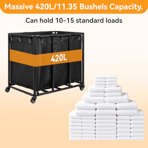 FULUPET 420L Commercial Laundry Cart with Wheels, 440 lbs Load Heavy Duty Industrial Laundry Cart, Rolling Laundry Hamper with Removable Waterproof Liner Bag for Hotel Laundromat Home (Black)
