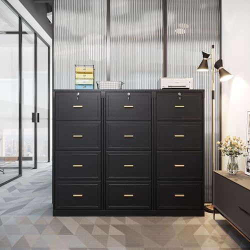 LITTLE TREE 4-Drawer File Cabinet with Lock, Large Vertical Storage Cabinet, Secure Space-Saver for Home Office, Compatible with A4/F4/Letter/Files, Filing Cabinets for Home Office (Black, MDF)