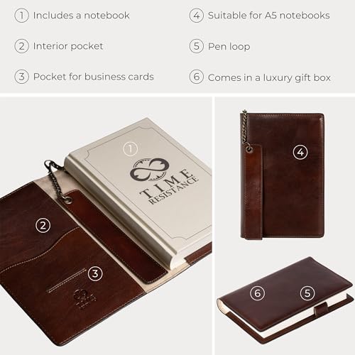 Time Resistance Leather Journal with 320 Lined Pages A5 Notebook and Bookmark - Italian Handmade Notepad (Brown) - Gift Box Included