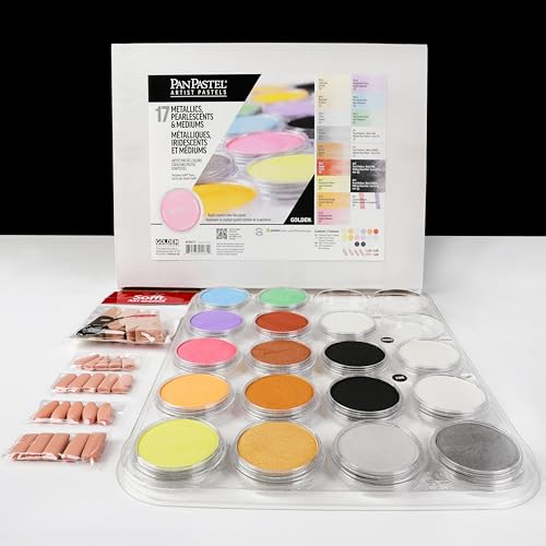 PanPastel Artist Pastels by GOLDEN, Metallics, Pearlescents & Mediums Set, 17 Color, Professional Artist Pastels, Unique Pan Format (cake-like)