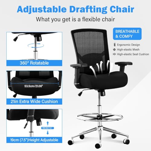500 lbs Drafting Chair Tall Office Chair for Standing Desk, Ergonomic Office Drafting Chair with Adjustable Lumbar Support, 21" Extra Wide Cushion, Footrest & Pressure Locking Casters, 4D Arms, Black