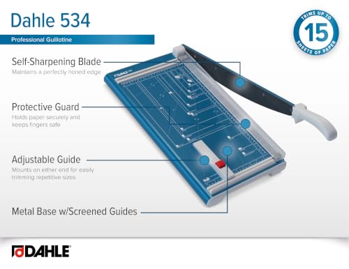 Dahle 534 Professional Guillotine Trimmer, 18" Cut Length, 15 Sheet Capacity, Self-Sharpening, Manual Clamp, German Engineered Paper Cutter