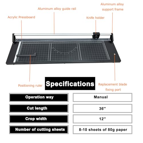 HQHAOTWU Paper Cutter Rotary Paper Trimmer with Sliding Blade Portable Paper Slicer Cutter 36" Craft Paper Cutter Manual Paper Cutting Tool with Clear Angle Line for Cutting Label Paper Film Photo