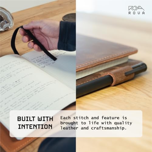 ROVA Full Grain Leather Notebook Journal Cover - Hand Crafted in the USA - Fits Moleskine XL (9.75" x 7.5") - Lay Flat Design with Pen Loop - Whiskey
