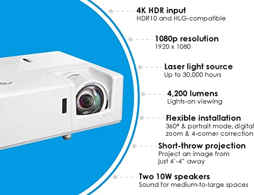Optoma ZH406STx Short Throw Full HD Professional Laser Projector | DuraCore Laser Technology | High Bright 4,200 Lumens | 4K HDR Input | Four Corner Image Adjustment | Network Compatible