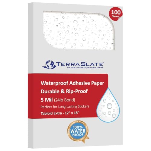 TerraSlate Waterproof Sticker Paper | 5 Mil Permanent Adhesive Labels | Printable Sticker Paper for Laser Printer, Copy Machine & Digital Press (Tabloid Extra - 12" x 18", 100 Sheets)