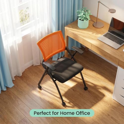 1 Pack Folding Conference Room Chair with Wheels, Orange Backrest
