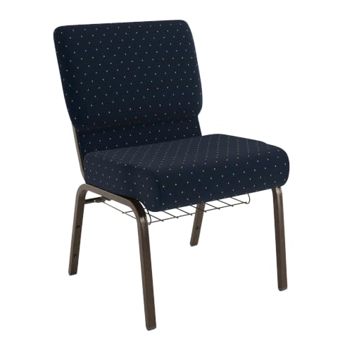 Flash Furniture HERCULES Series 21''W Church Chair in Navy Blue Dot Patterned Fabric with Book Rack - Gold Vein Frame