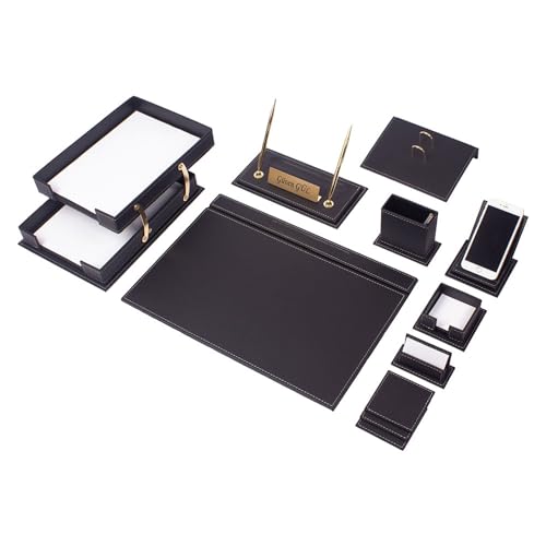 Leather Desk Set- Desk Office Accessories-Office Organizer- Home Office Accessories - Desk Supplies - Desk Storage Organizer -Desk Pad-Storage-13 Pieces -13 PCS (BLACK-WHITESEAM)