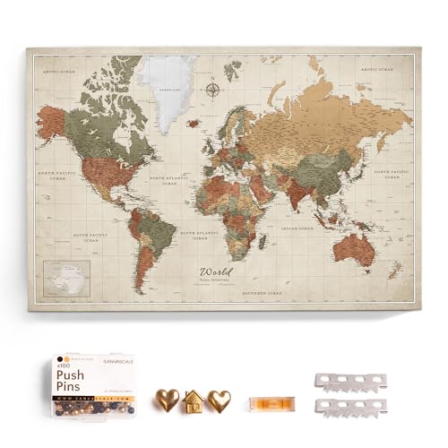 Canvas World Map with Cork Pin Board - English Lettering - Decorative Wall Decoration for All Rooms - Canvas Pictures with World Map Motif (90x60 cm, Pattern 2)