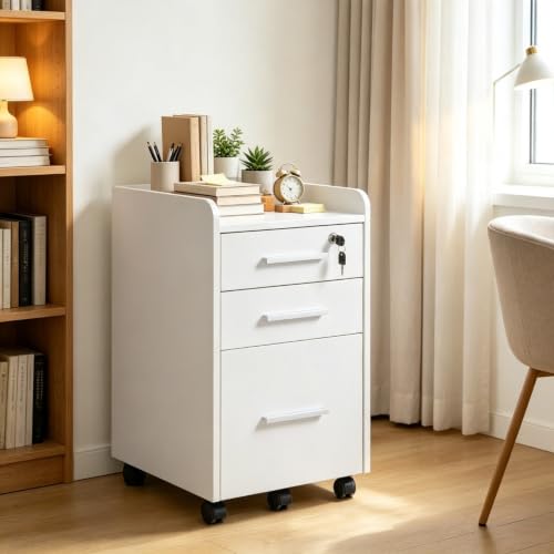 Tanimoreg White 3‑Drawer Mobile File Cabinet, Lockable Rolling Office Storage Cabinet with Raised Top Edge, Vertical Filing Cabinet for Home Office Document Organization