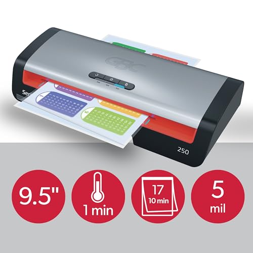 GBC Thermal Laminator Machine, Smart Entry LED Guides, Jam Release, 9.5" Input, Includes Laminating Sheets (250)