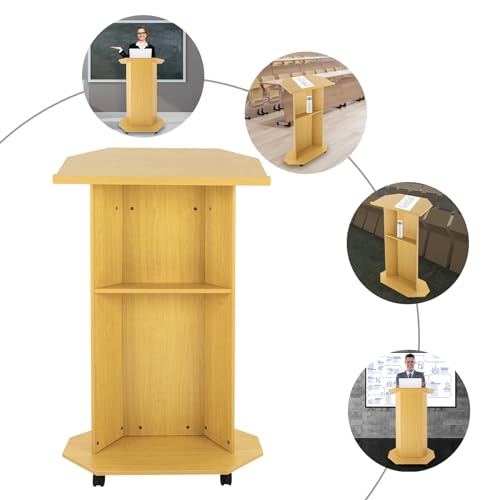 WUSILILU Mobile Presentation Stand,Rolling Conference Lectern Podium w/4 Wheels,66LBS Capacity Movable Portable Speech Stand for Classroom Church Conference