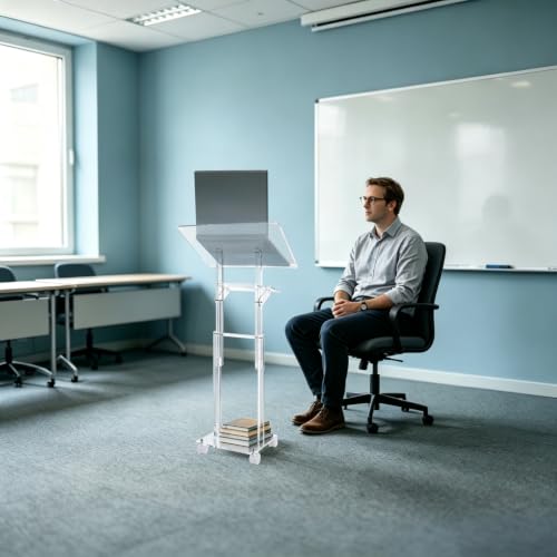 xsdzgdzy Acrylic Podium Stand with Wheels, Clear Adjustable-Height Presentation Stand, Dual-Layer Storage Lectern for Meeting Room, Classroom, Office, Mobile Rolling Modern Pulpit