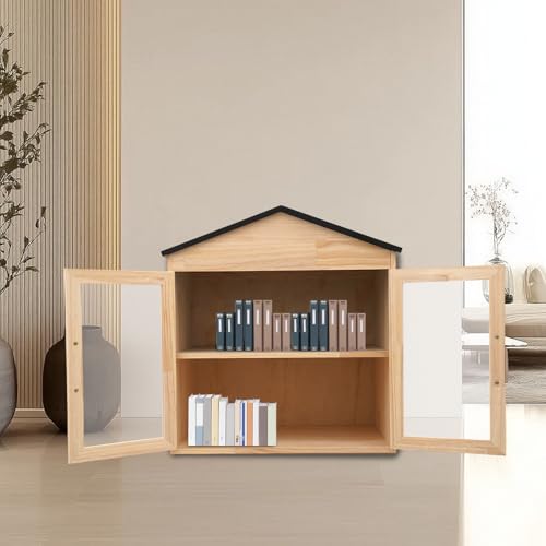 Kllkmmws Library Outdoor Book Box Storage, Waterproof Little Wood Cabinet withSturdy Hinges&Smooth Handle, Small Wooden Cabinet Little Literature Box for Neighborhoods Community School (4-Cell)