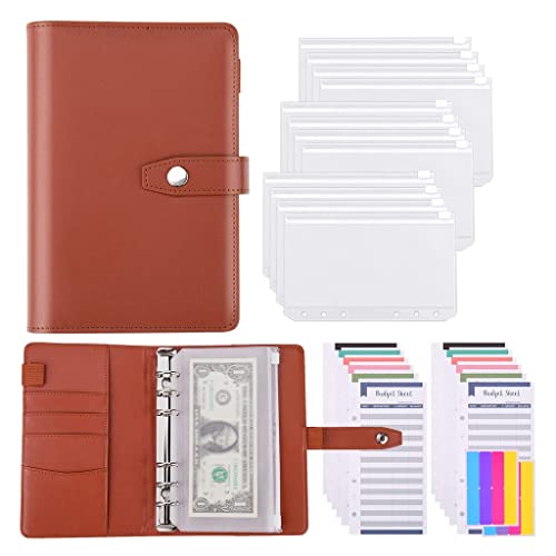 ONMYJFD A6 PU Leather Budget Binder Cash Envelopes Organizer with 12 Pcs Binder Pockets,Budget Sheets,Sticker Sheets for Money Saving(D)