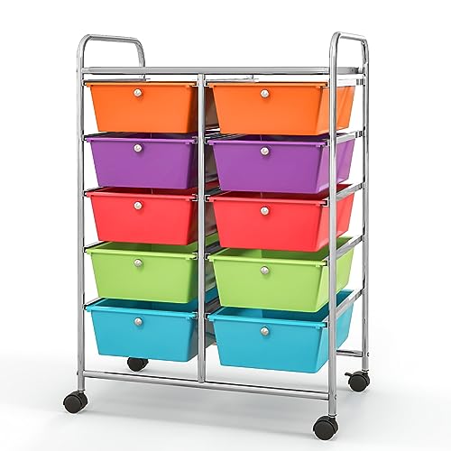 CLEEMAN 10-Drawer Rolling Cart with Drawers, Storage Cart with Universal Wheel & Metal Frame, Multipurpose Mobile Trolley Utility Cart for Makeup Kitchen Office Play Room (Multicolor)