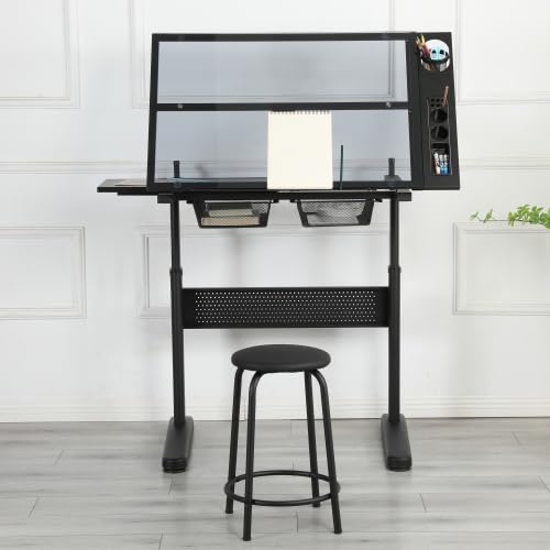 Donext Height Adjustable Drafting Table with 2 Drawers and Stool,Black
