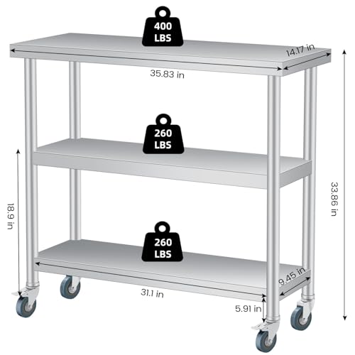 Stainless Steel Prep Table 36 x 14 inch, Heavy Duty Commercial Kitchen Table with Storage Shelf, Food Prep Worktable with 4 Wheels, Rust-Resistant & Easy to Clean, for Restaurants, Hotels, Workshops