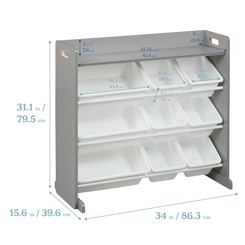 ECR4Kids 3-Tier Organizer with Shelf and 9 Removable Plastic Bins, 3x3, Toy Storage, Grey/White