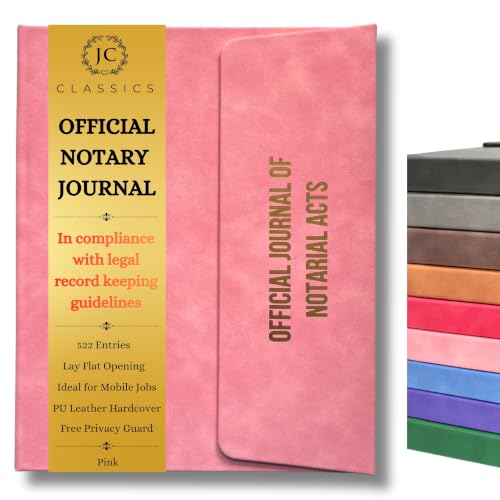 JC Classics Notary Journal Log Book Hardcover with Privacy Guard - Notary Log with 522 Notarial Record Entries - Compliant Notary Book for Notaries for All States Except HI (Pink)